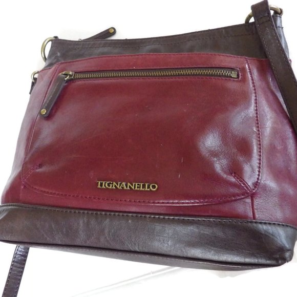TIGNANELLO Leather Shoulder Bag/ Brown & Burgundy - Picture 1 of 8